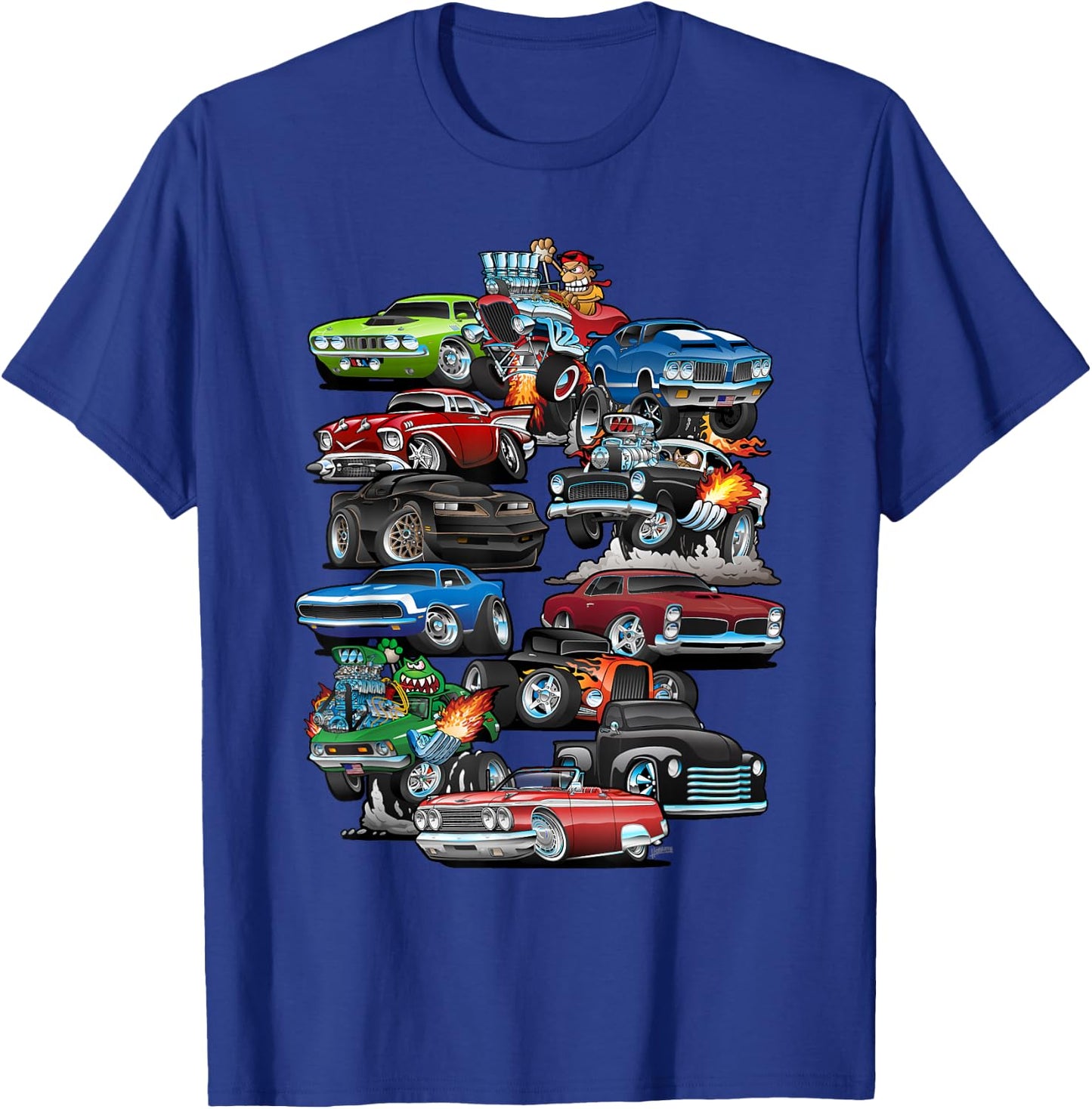 Car Madness! Muscle Cars, Classic Cars and Hotrods Cartoon T-Shirt - T-Shirt | Royal