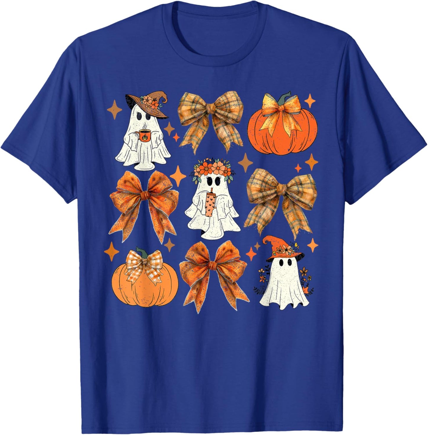 Funny Halloween Fall Coquette Bow Pumpkin Cute Ghost Costume T-Shirt - T-Shirt | Royal