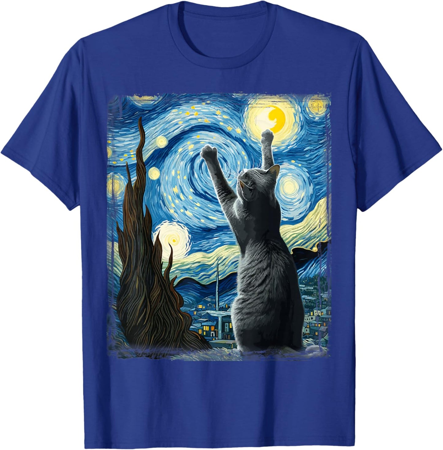 Van Gogh Starry Night Style Artistic Russian Blue Cat T-Shirt - T-Shirt | Royal