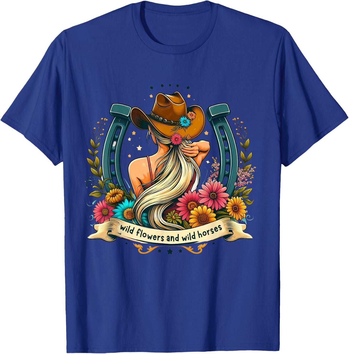 Retro Southern Sunset Cowgirl Wild Flowers - Wild Horses T-Shirt - T-Shirt | Royal