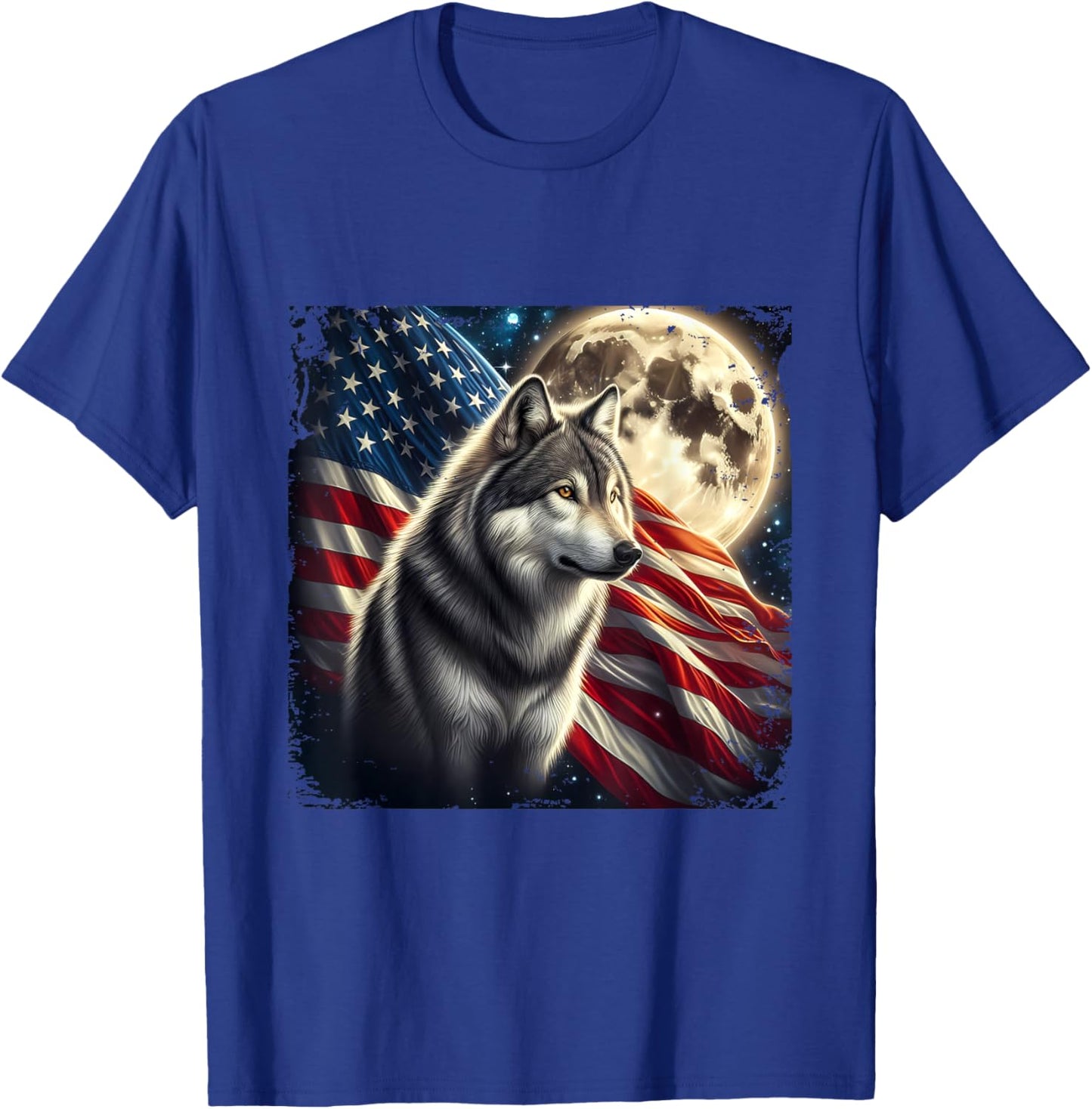 Wolf 4th of July American Flag Alpha Wolf Under Moon T-Shirt - T-Shirt | Royal