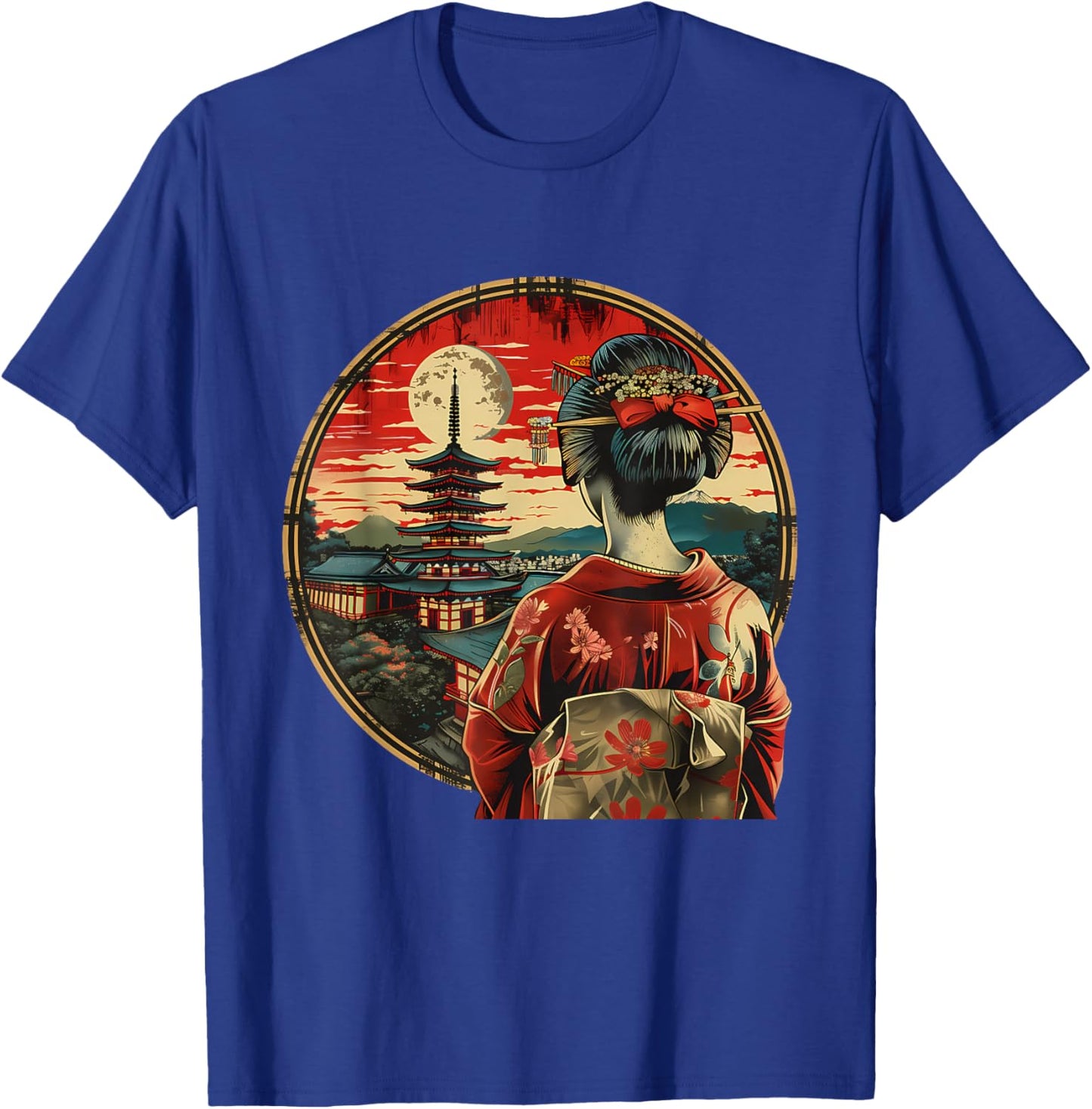 Japanese Geisha Pagoda Geisha Girl Kimono Traditional Art T-Shirt - T-Shirt | Royal