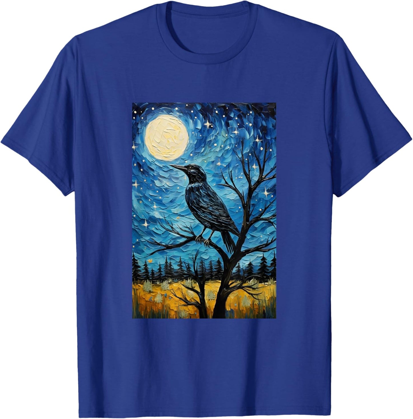 Magpie Crow Raven Bird - Van Gogh Style - Starry Night T-Shirt - T-Shirt | Royal