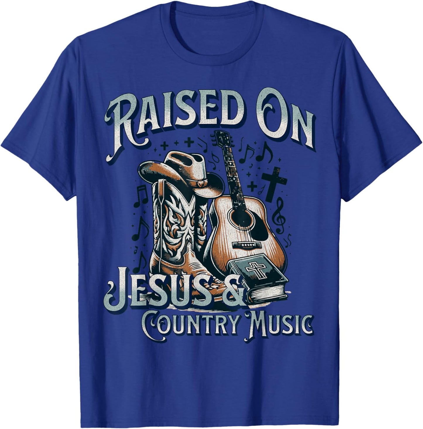Raised On Jesus And Country Music T-Shirt - T-Shirt | Royal