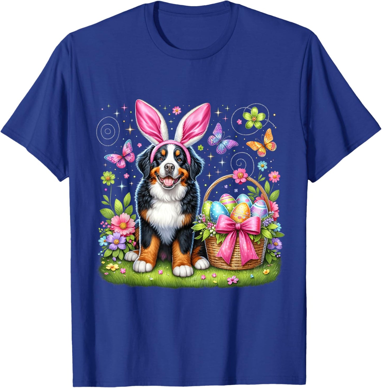 Cute Bunny Bernese Mountain Dog Dog Easter Eggs Basket Party T-Shirt - T-Shirt | Royal