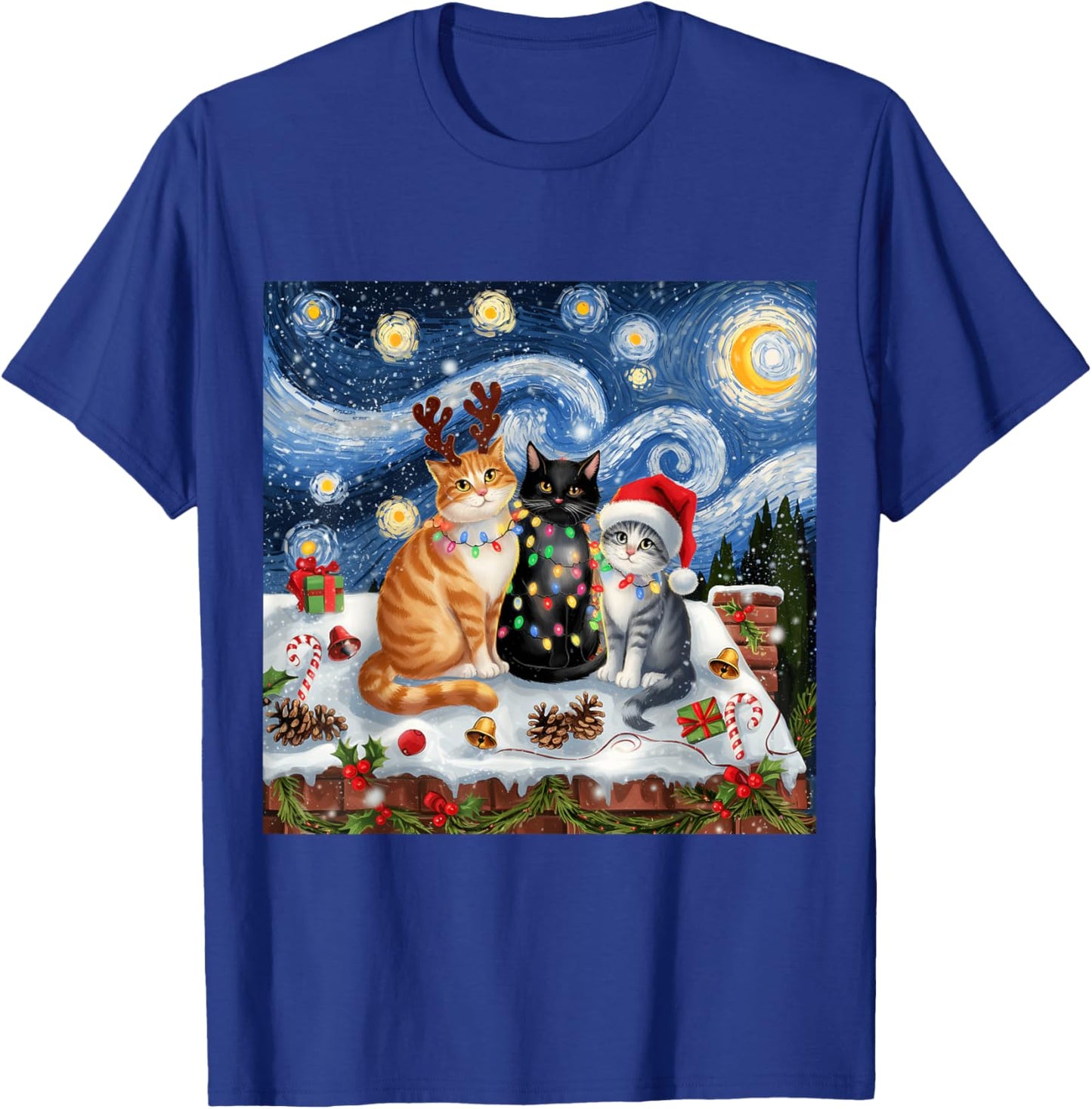 Christmas Van Gogh Starry Night Black Cat Santa Funny Xmas T-Shirt - T-Shirt | Royal