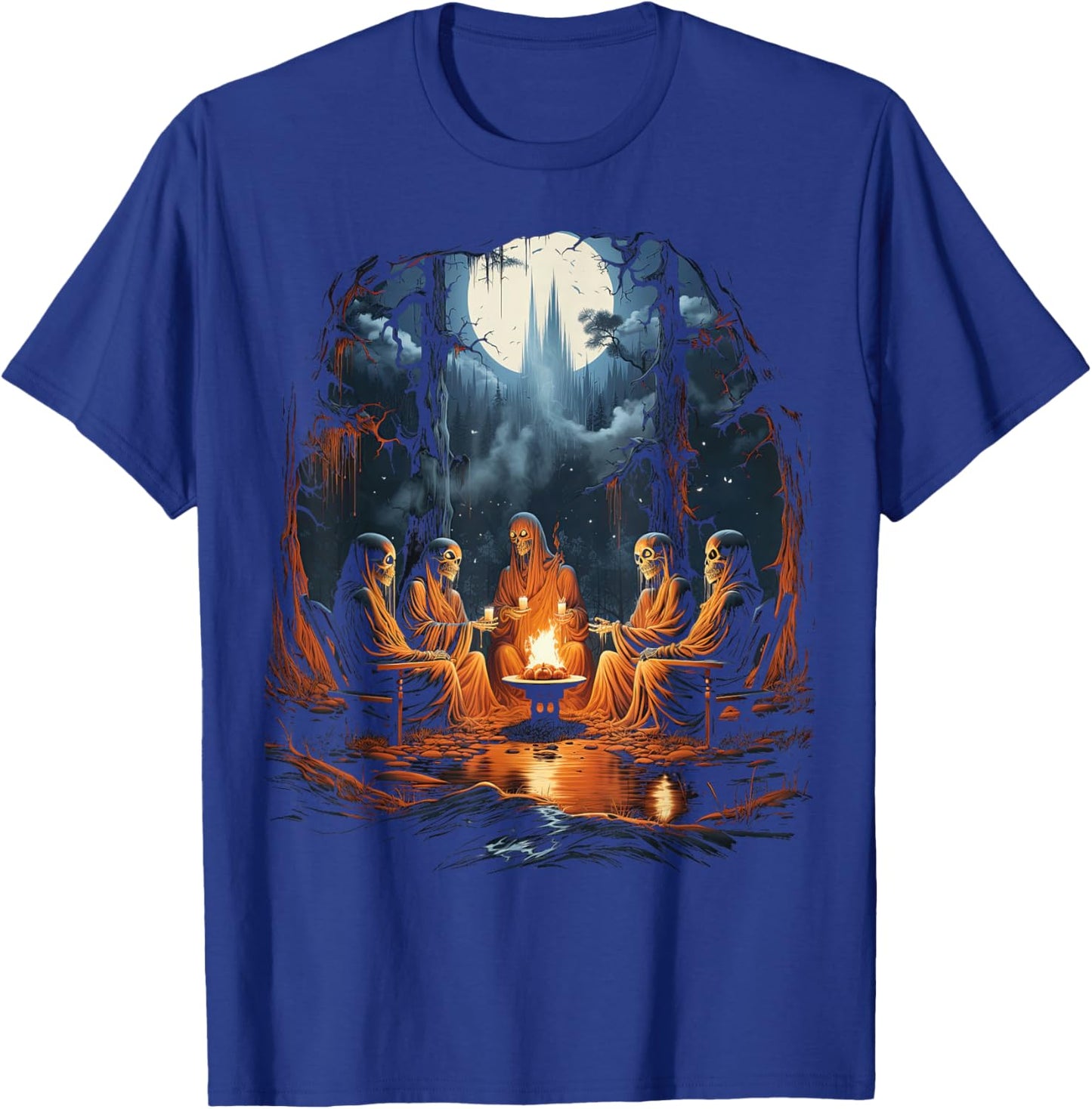 Vintage Ghost and Skeleton by Fire Camping Gothic Halloween T-Shirt - T-Shirt | Royal