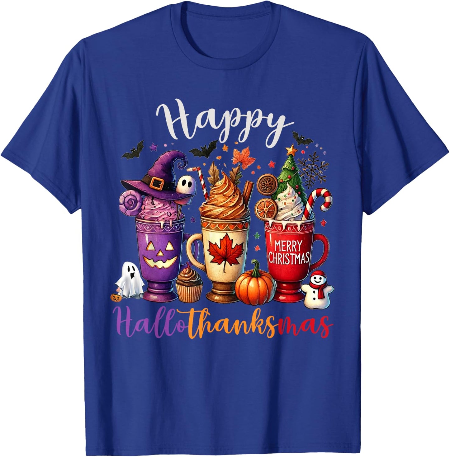 Happy Hallothanksmas Coffee Lover Halloween Merry Christmas T-Shirt - T-Shirt | Royal