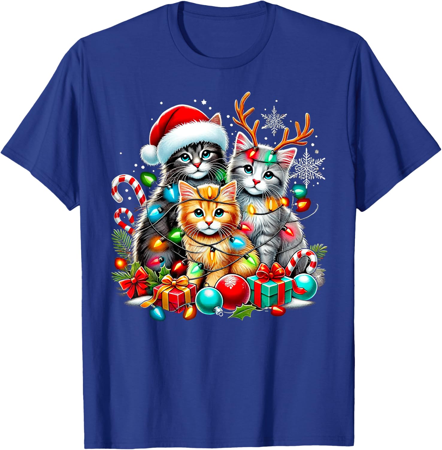 Merry Christmas Baby Cats Presents Snowflake Santa Claus T-Shirt - T-Shirt | Royal