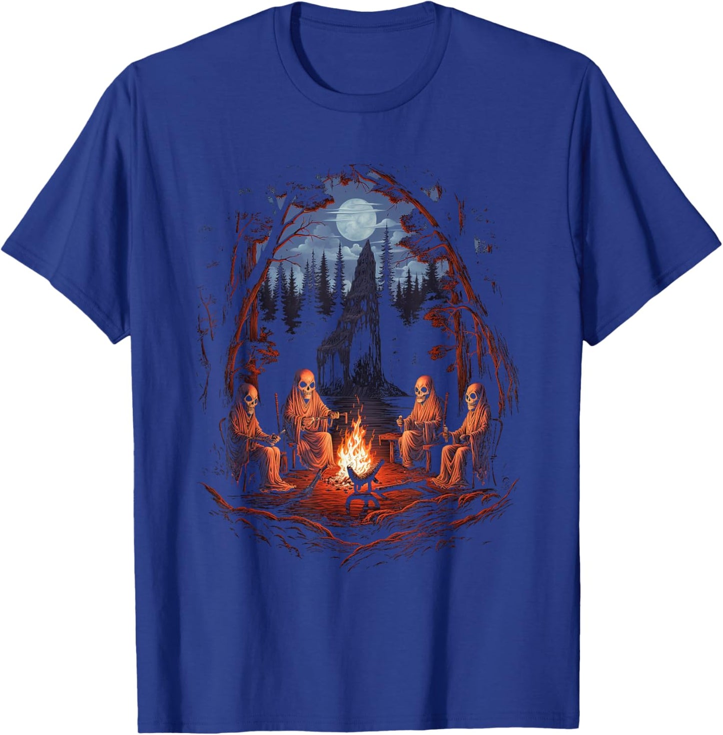 Vintage Ghost and Skeleton by Fire Camping Gothic Halloween T-Shirt - T-Shirt | Royal