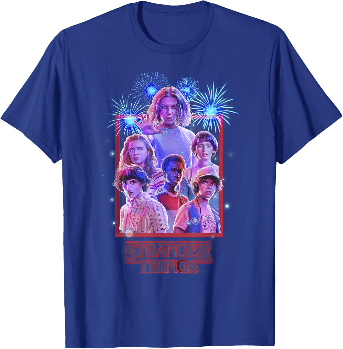 Netflix Stranger Things Group Shot Fireworks Poster T-Shirt - T-Shirt | Royal