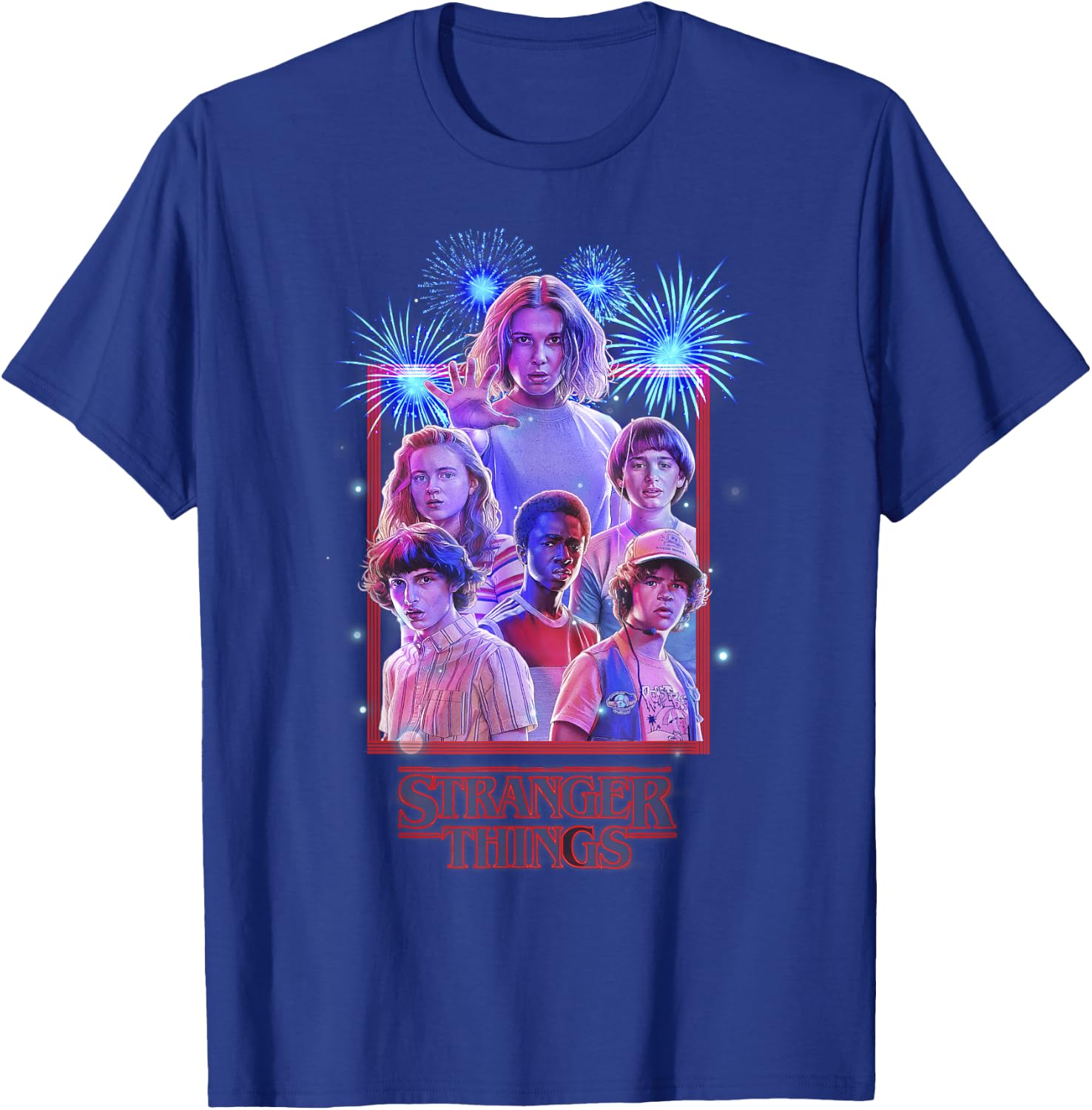 Netflix Stranger Things Group Shot Fireworks Poster T-Shirt - T-Shirt | Royal