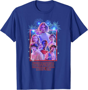 Netflix Stranger Things Group Shot Fireworks Poster T-Shirt - T-Shirt | Royal