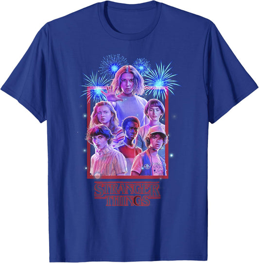 Netflix Stranger Things Group Shot Fireworks Poster T-Shirt - T-Shirt | Royal