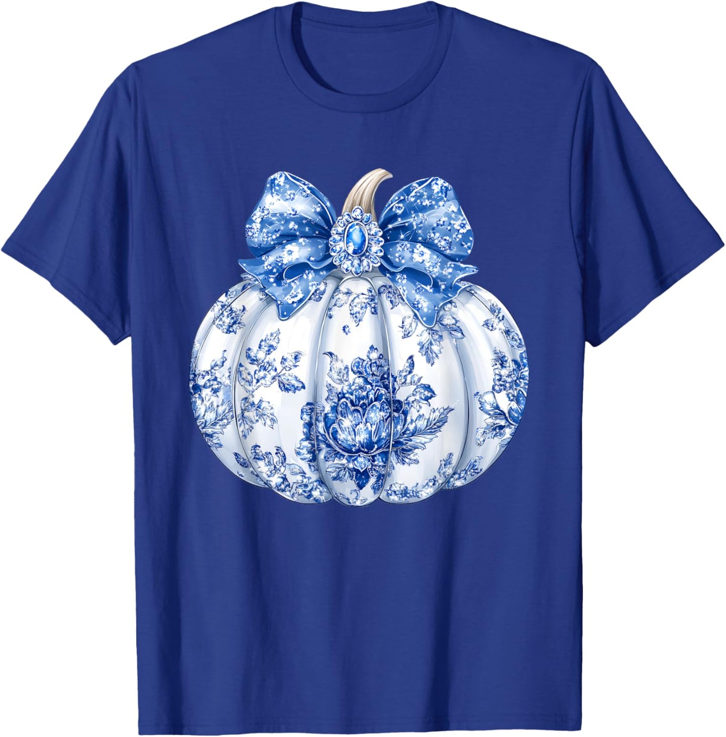 Fall Coquette Chinoiserie Blue Floral Pumpkin Thanksgiving T-Shirt - T-Shirt | Royal