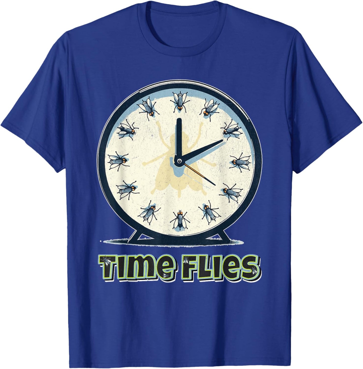Time Flies Funny Clock Graphic Flying Bugs Pun T-Shirt - T-Shirt | Royal