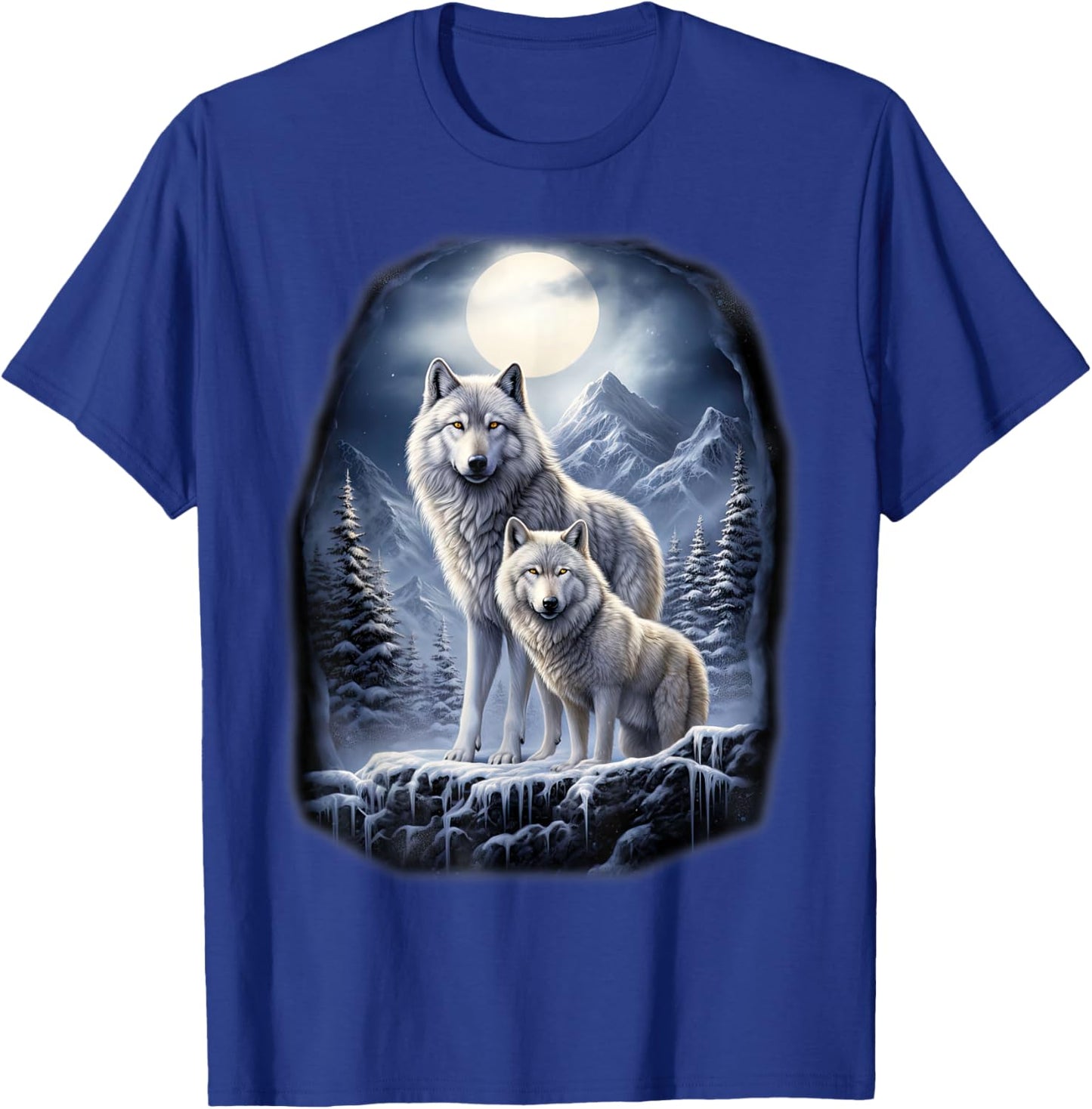 2 Wölfe auf eisigem Hügel in den Bergen vor dem Mond T-Shirt - T-Shirt | Royal