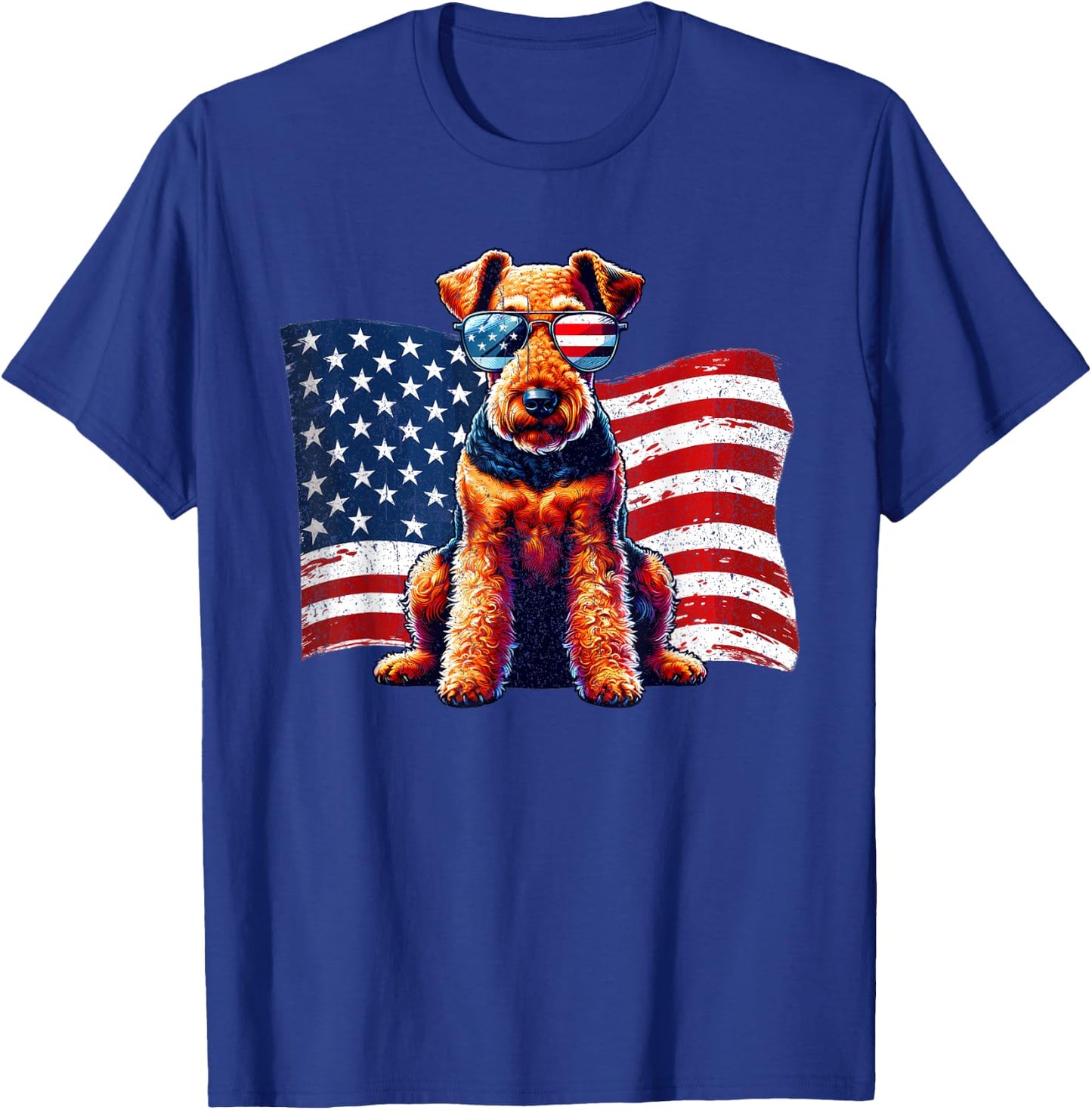 Vintage Airedale Terrier American Flag Sunglasses Patriotic T-Shirt - T-Shirt | Royal