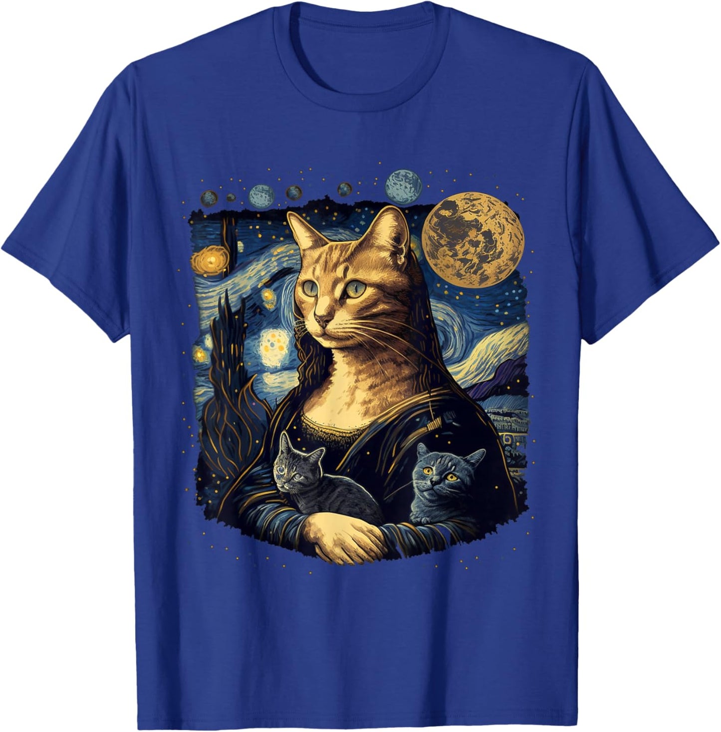 Cat Mona Lisa With Cats Starry Night Van Gogh Funny Art T-Shirt - T-Shirt | Royal