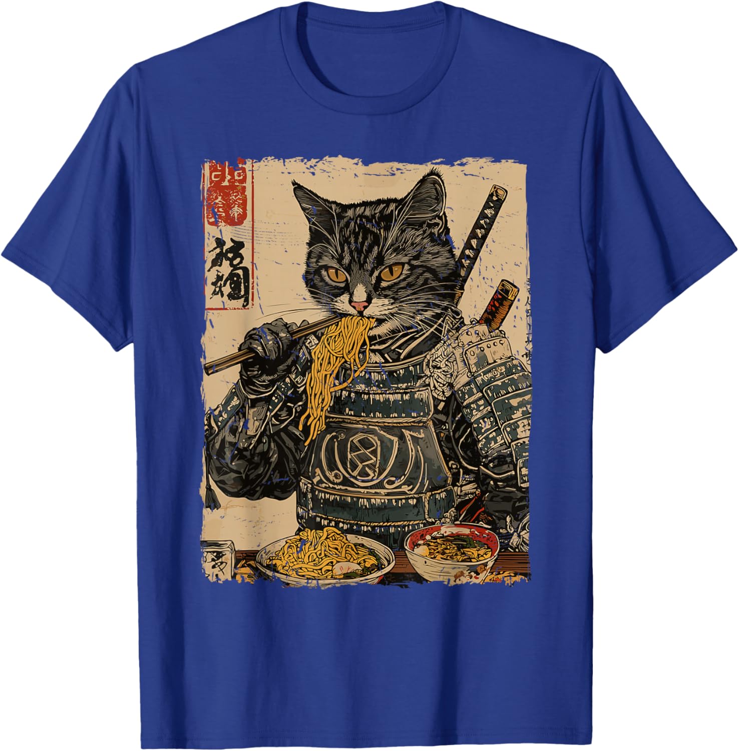 Samurai Cat Loves Ramen Funny Anime Japanese Artwork Samurai T-Shirt - T-Shirt | Royal