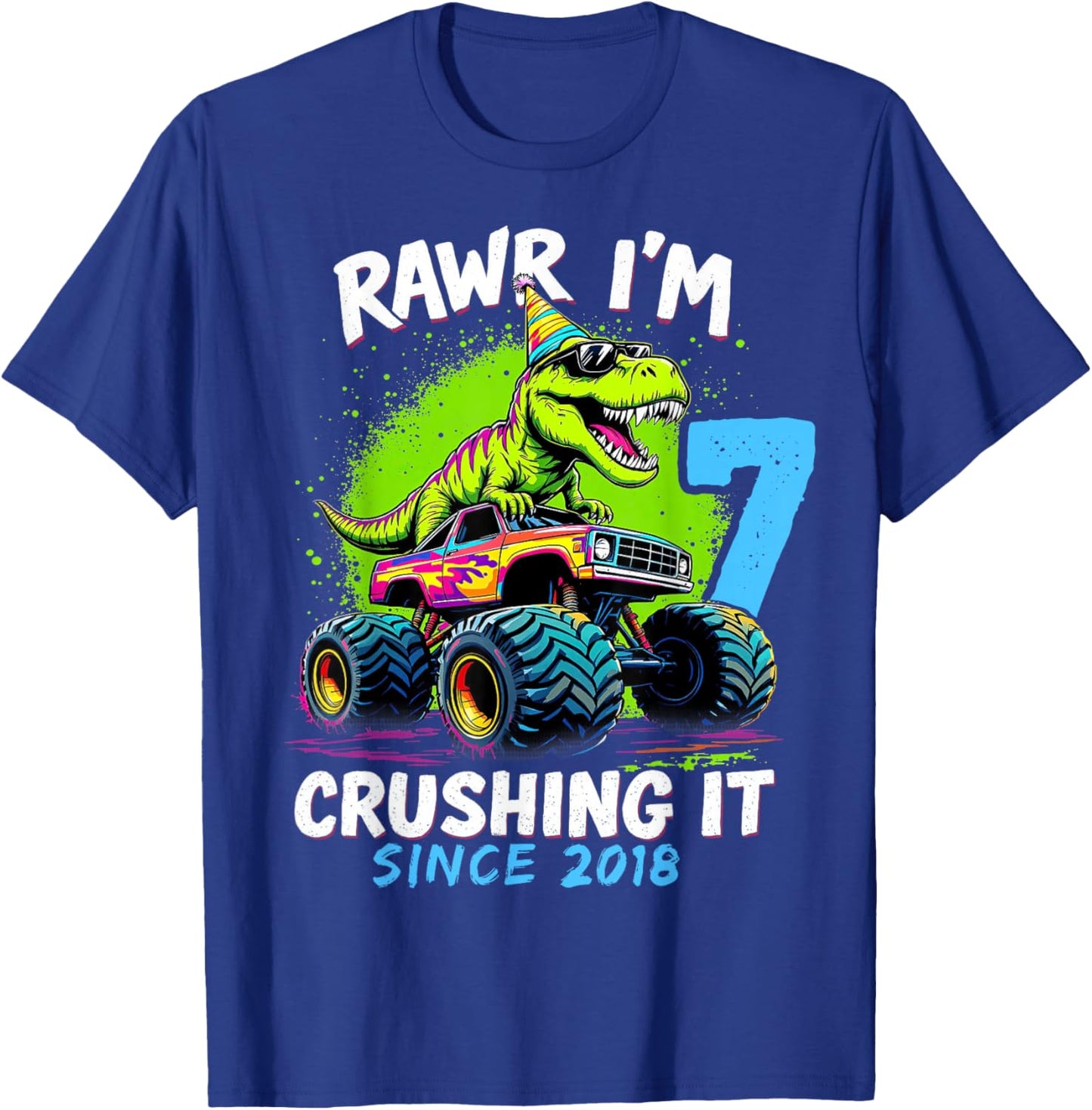 7th Birthday Monster Truck Dinosaur Party Boys Rawr I'm 7 T-Shirt - T-Shirt | Royal