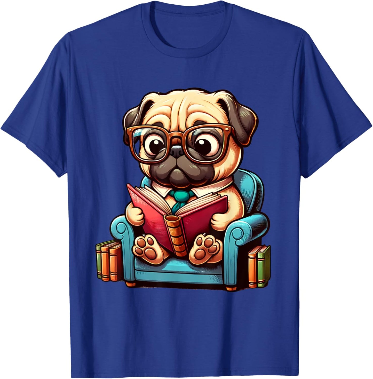 Pug Reading a Book Dog Men Women Girls Kids T-Shirt - T-Shirt | Royal