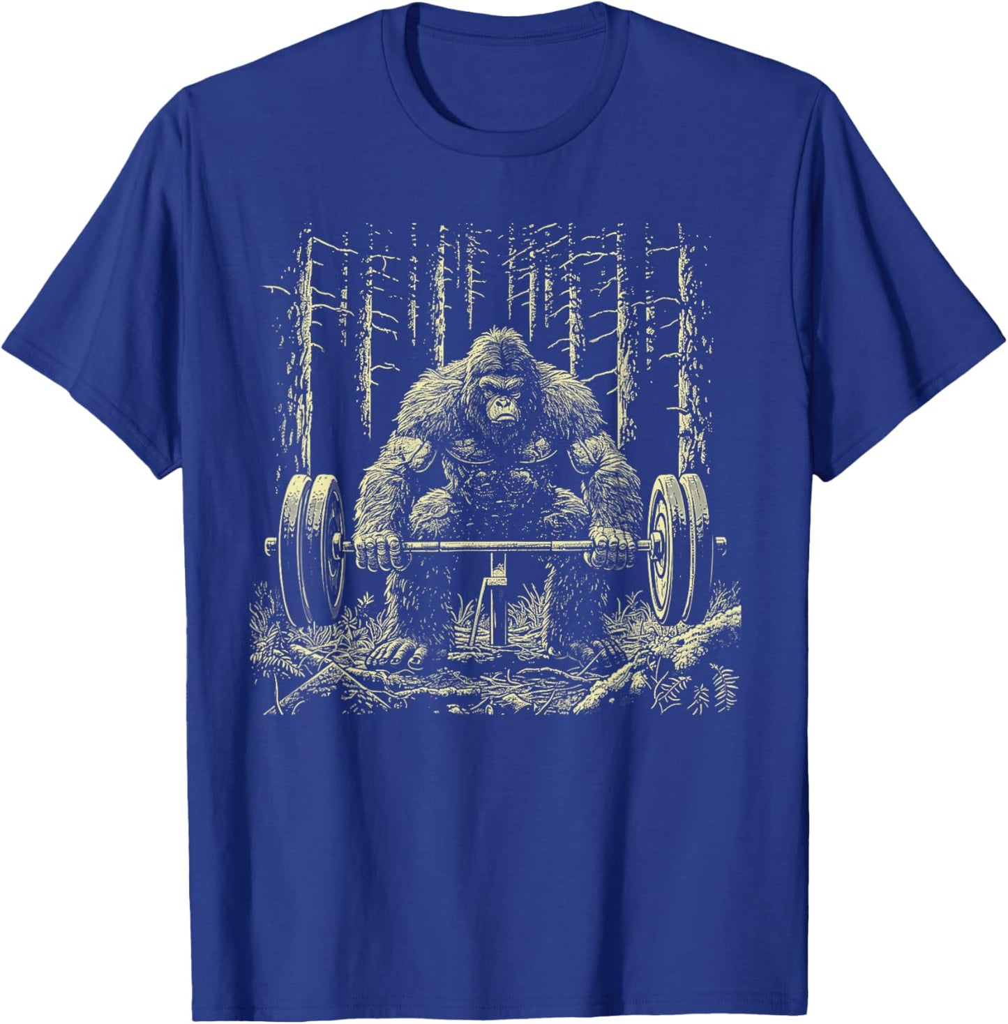 Funny Sasquatch Deadlifting Weights Gym Workout Graphic T-Shirt - T-Shirt | Royal