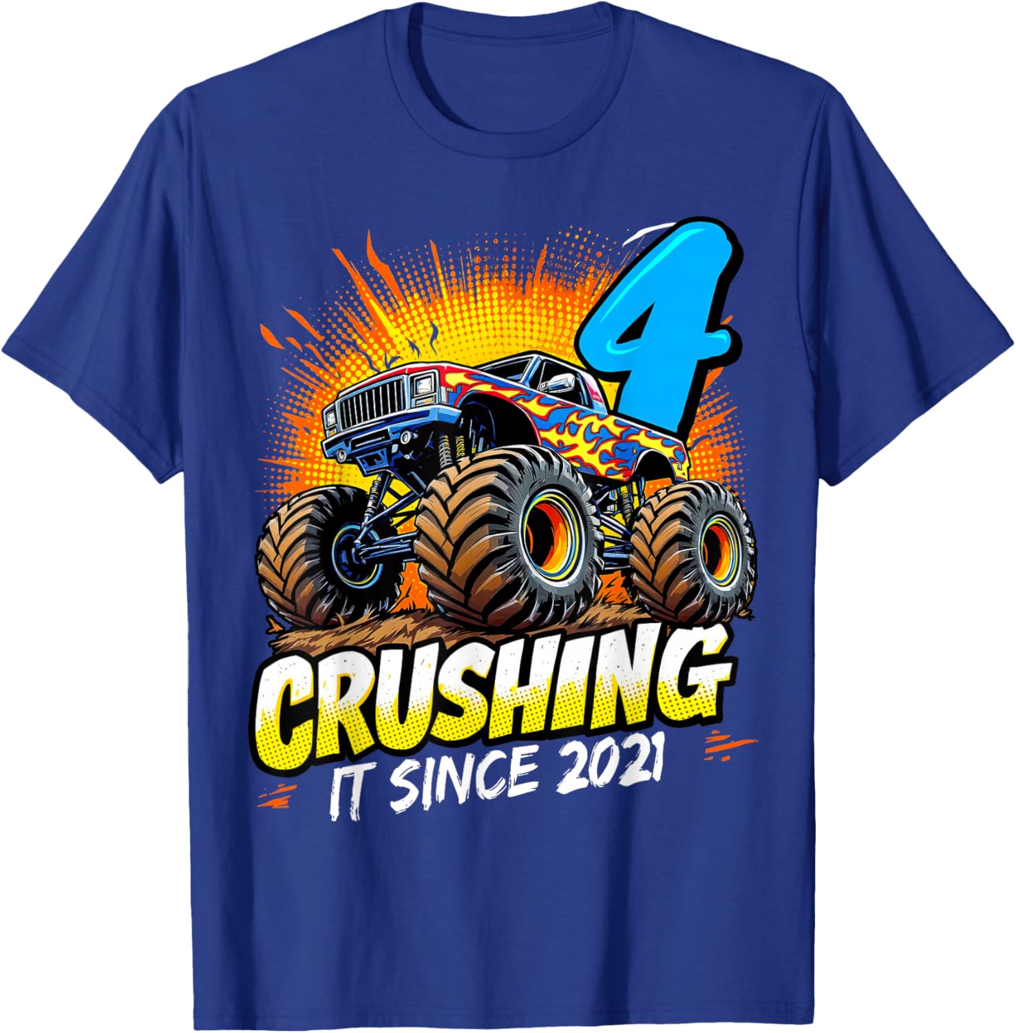 Birthday Monster Truck 4 year Old Boys 4th Party Born 2021 T-Shirt - T-Shirt | Royal