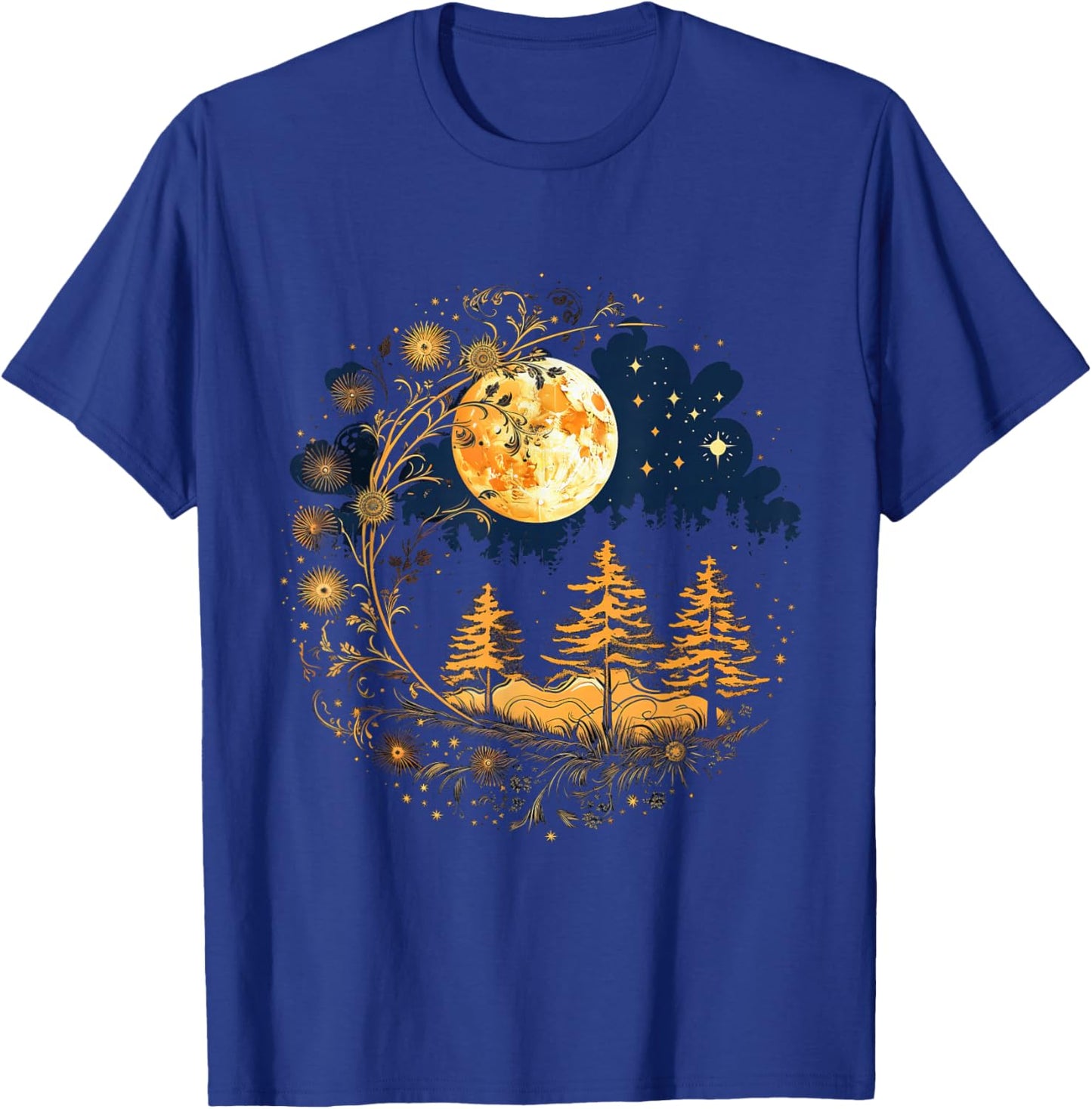Mystical Sun and Moon with Woman Mystical Flowers Aesthetic T-Shirt - T-Shirt | Royal