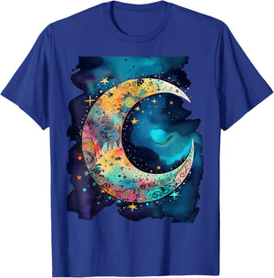 Crescent Moon with Stars abstract Bohemian Style Women Girls T-Shirt - T-Shirt | Royal