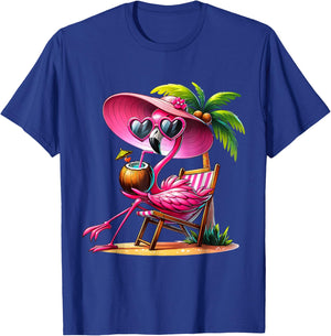 Pink Flamingo Summer Vibes Beach Palm Tree Summer Vacation T-Shirt - T-Shirt | Royal