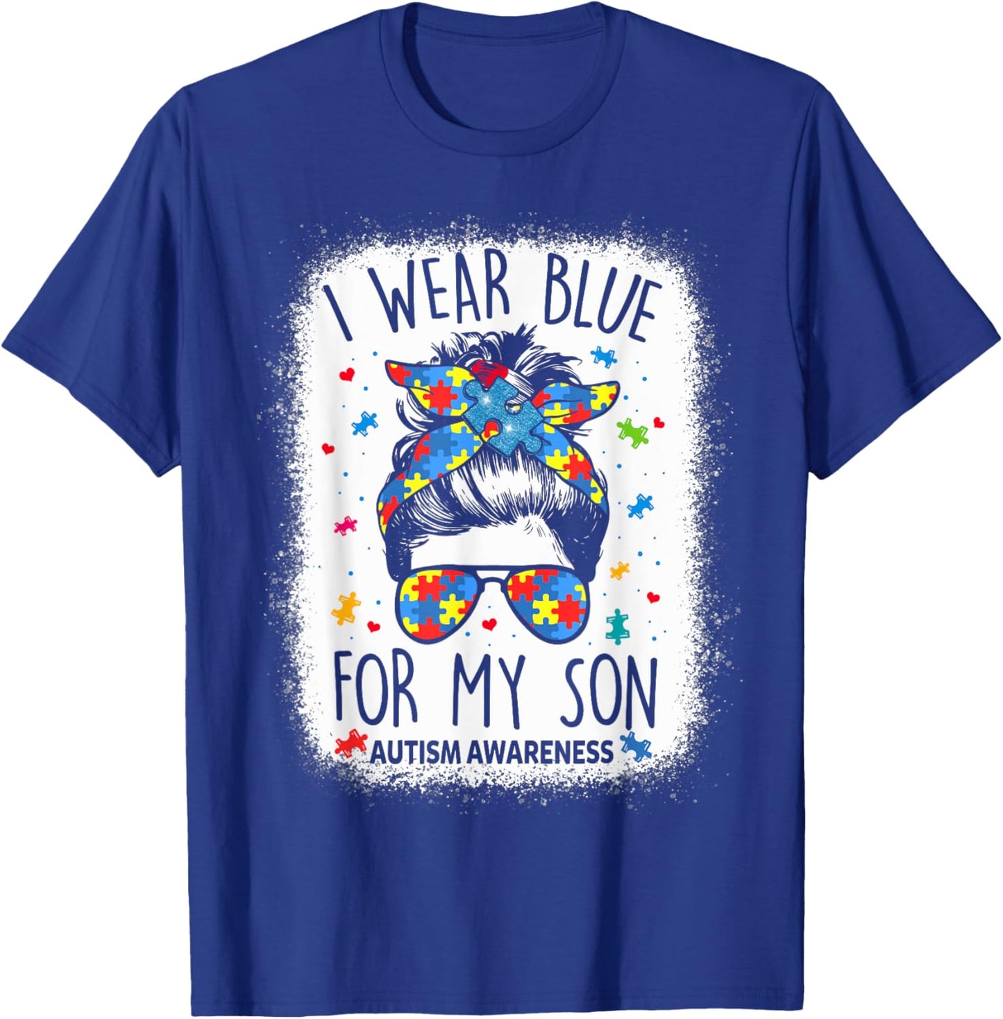Autism Awareness shirt Mom Messy Bun I Wear Blue For My Son T-Shirt - T-Shirt | Royal