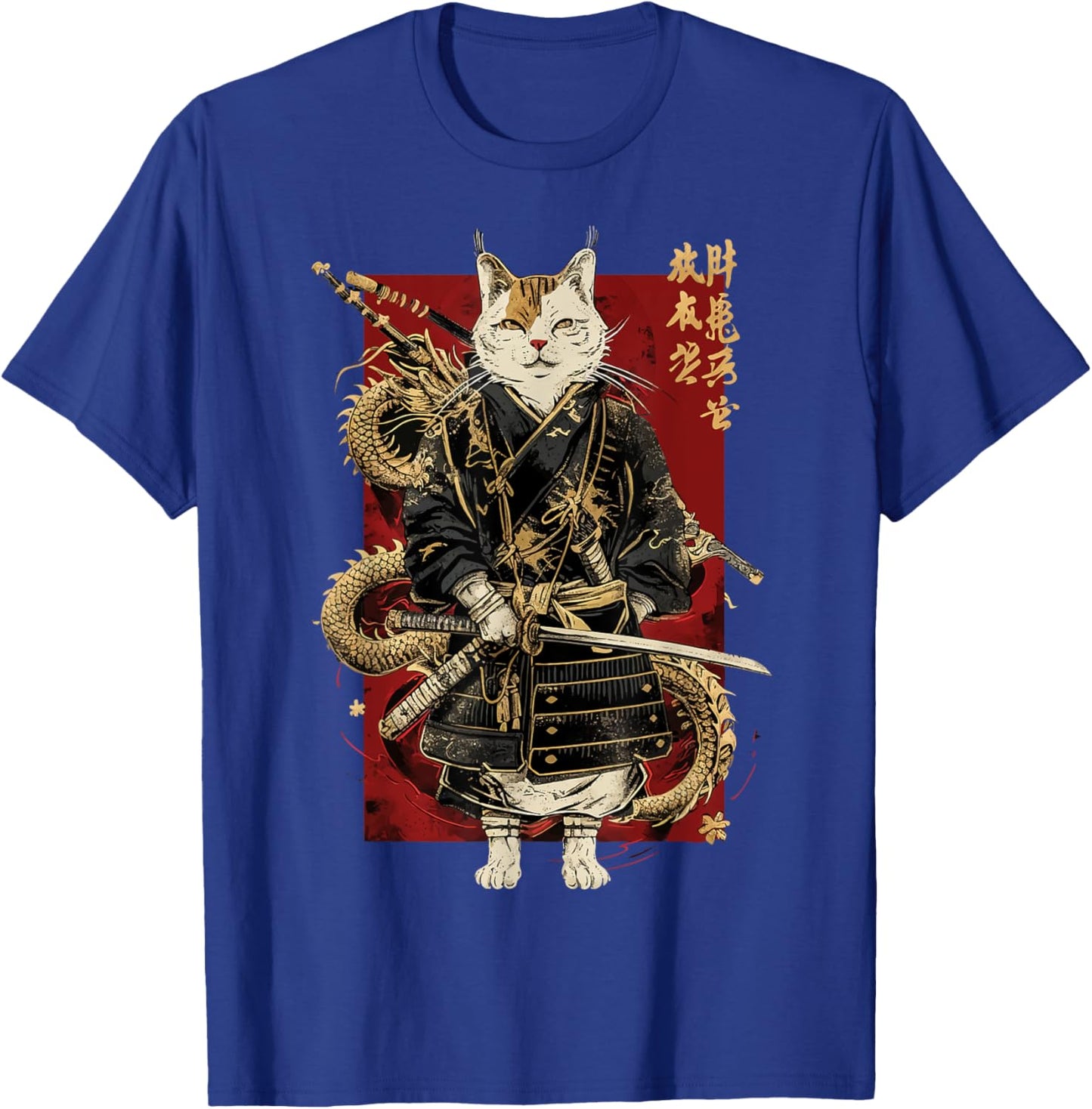 Samurai Cat with Dragon Japanese Kanji, Japan art lover Women Girls Kids T-Shirt - T-Shirt | Royal