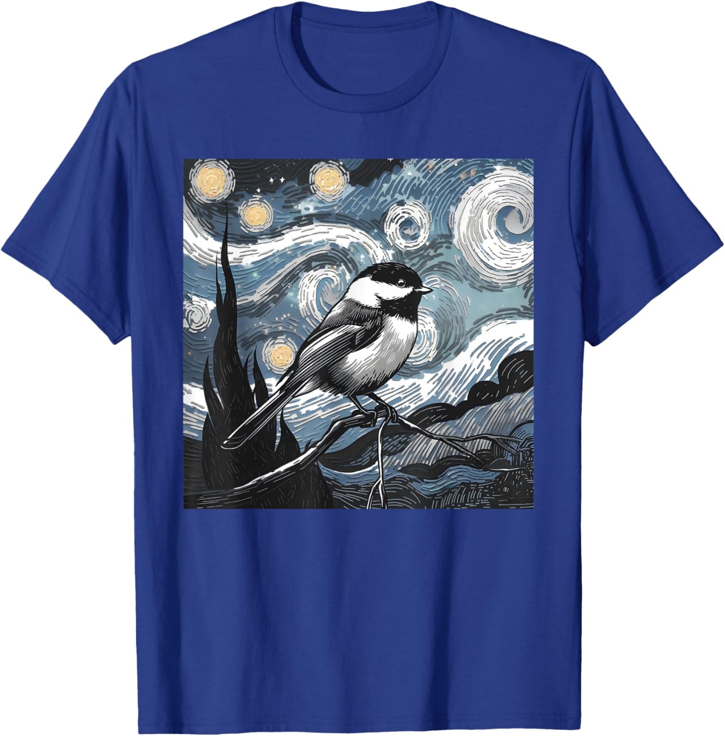 Black Capped Chickadee Bird Lover Starry Night Art Van Gogh T-Shirt - T-Shirt | Royal