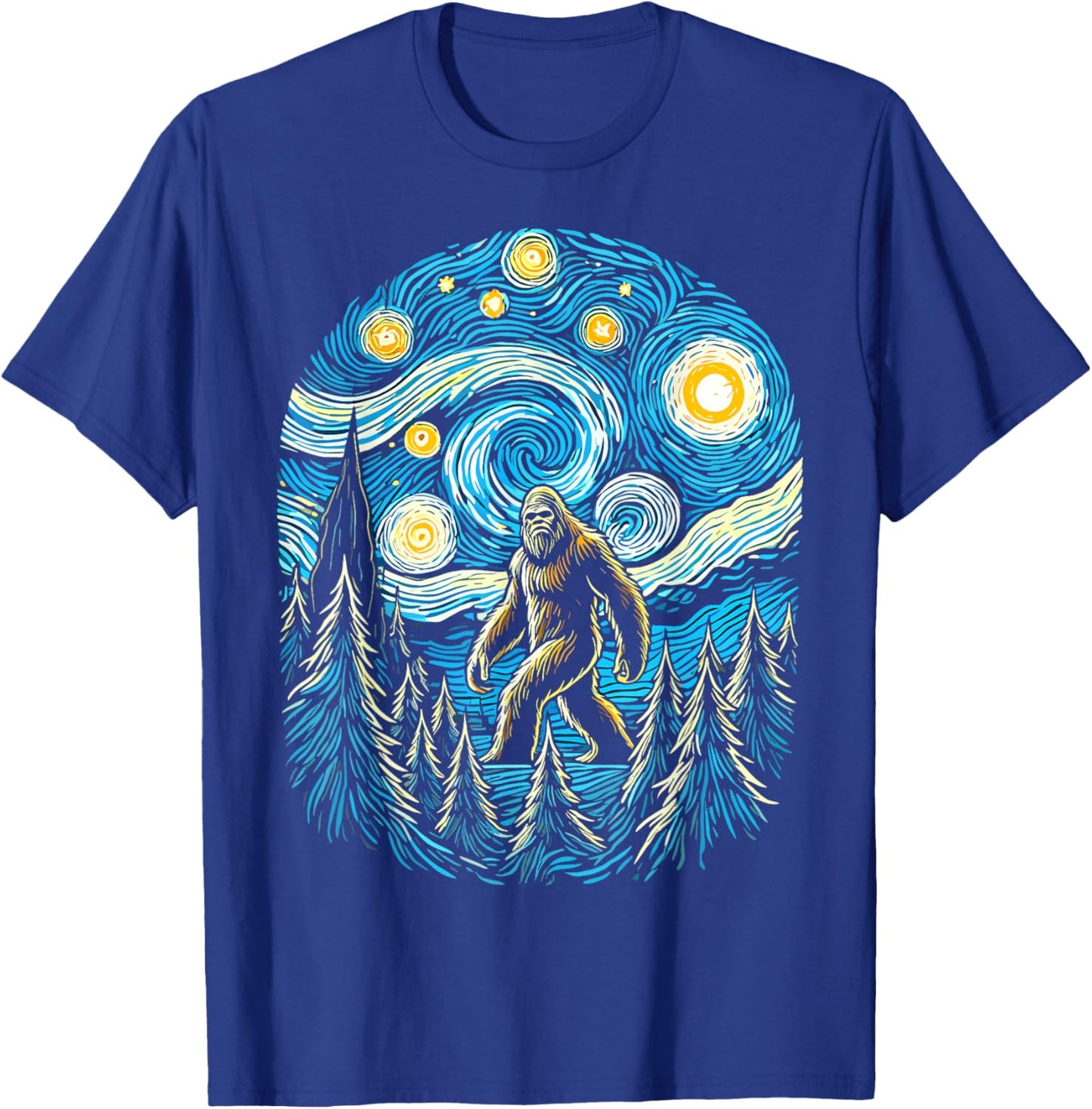 Bigfoot Starry Night Forest Van Gogh Sasquatch Painting Art T-Shirt - T-Shirt | Royal