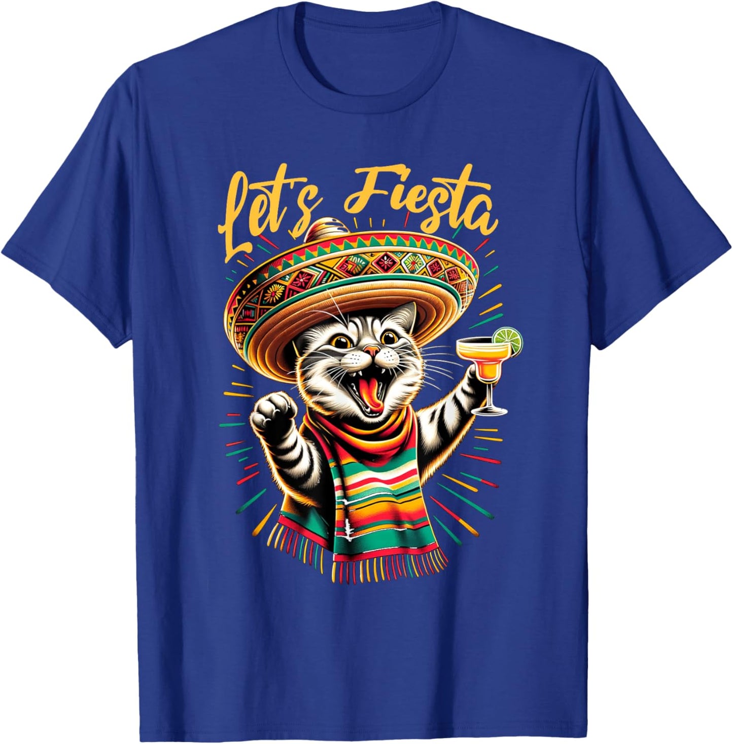 Mexican Let's Fiesta Sombrero Cat Cinco De Mayo Funny Cat Men Women T-Shirt - T-Shirt | Royal