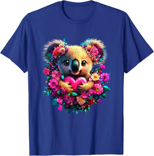 Koala Hearts and Flowers Graphic Valentines Day T-Shirt - T-Shirt | Royal