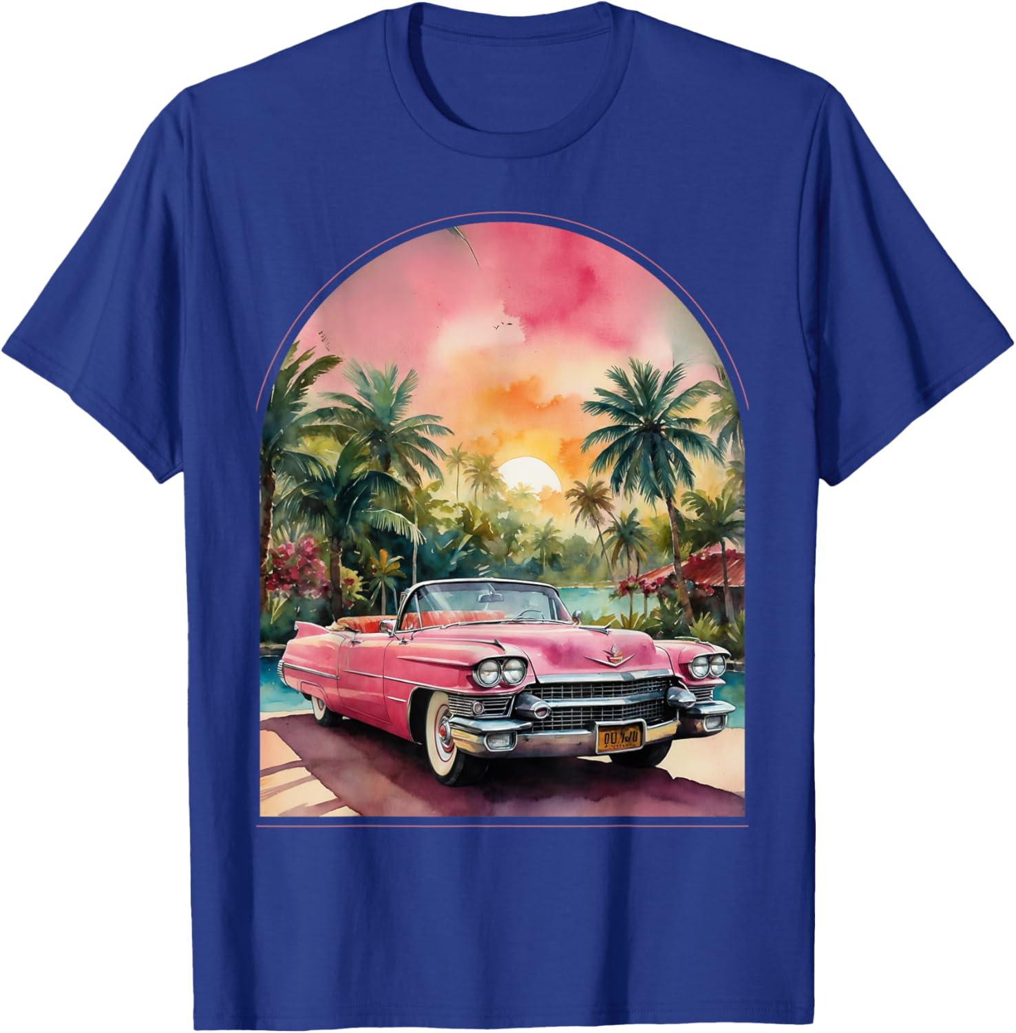 Old School Cadillac Pink | Watercolor | Palm Trees | Exotic T-Shirt - T-Shirt | Royal