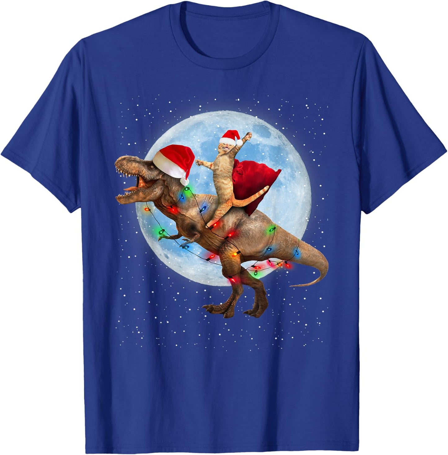 Cat Santa Hat Riding Dinosaur T rex Moon Christmas Xmas Women Kids T-Shirt - T-Shirt | Royal