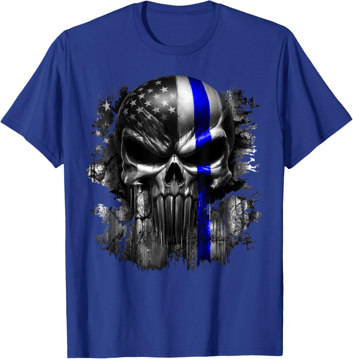 USA American Skull Patriotic Flag Blue Line Grunge Graphic Women Men T-Shirt - T-Shirt | Royal
