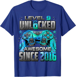 Level 9 Unlocked Awesome Since 2016 9th Birthday Gaming T-Shirt - T-Shirt | Royal
