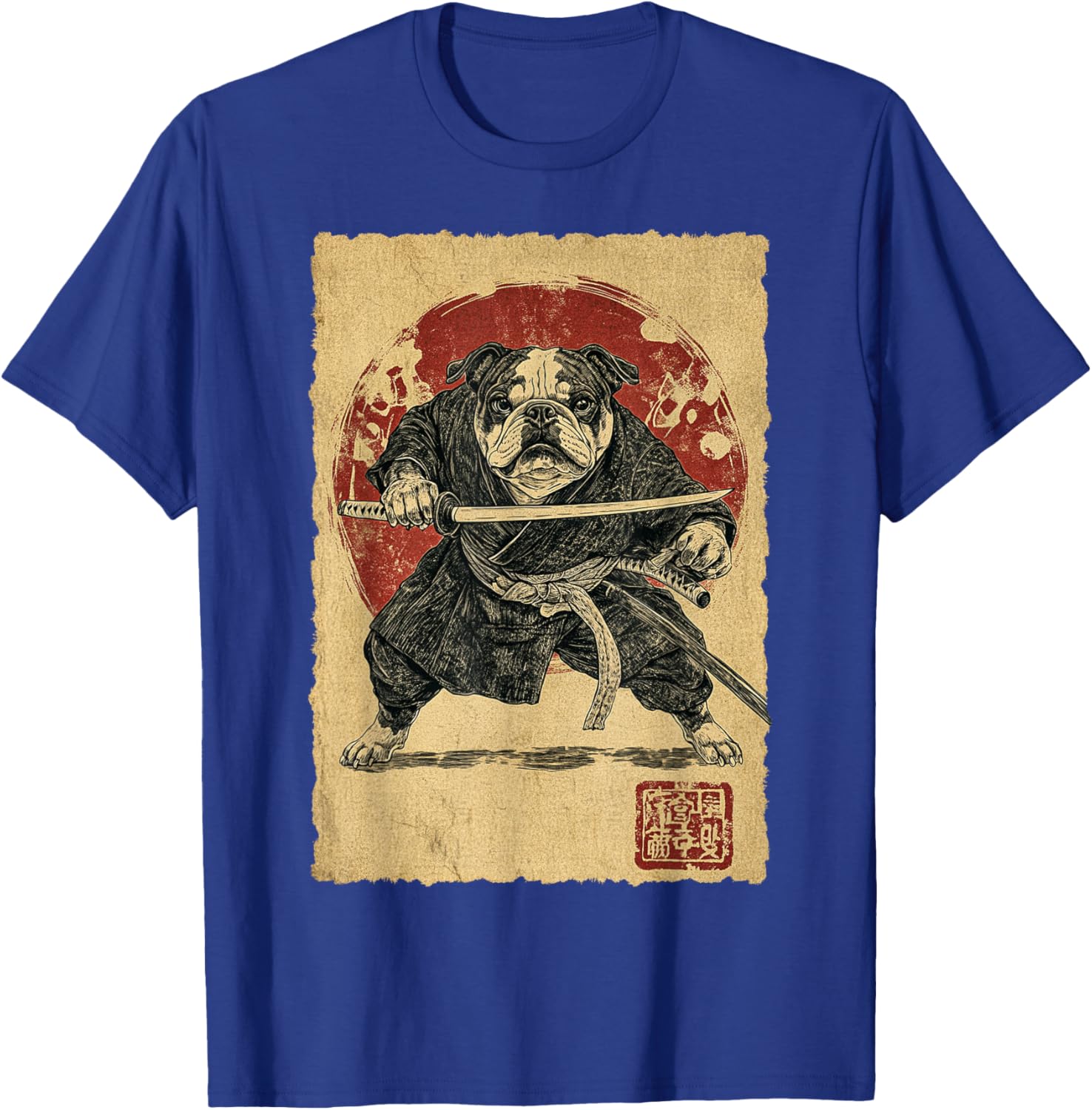 Funny Vintage Japanese Art Bulldog Ninja Samurai Warrior Men Women Girls Kids T-Shirt - T-Shirt | Royal