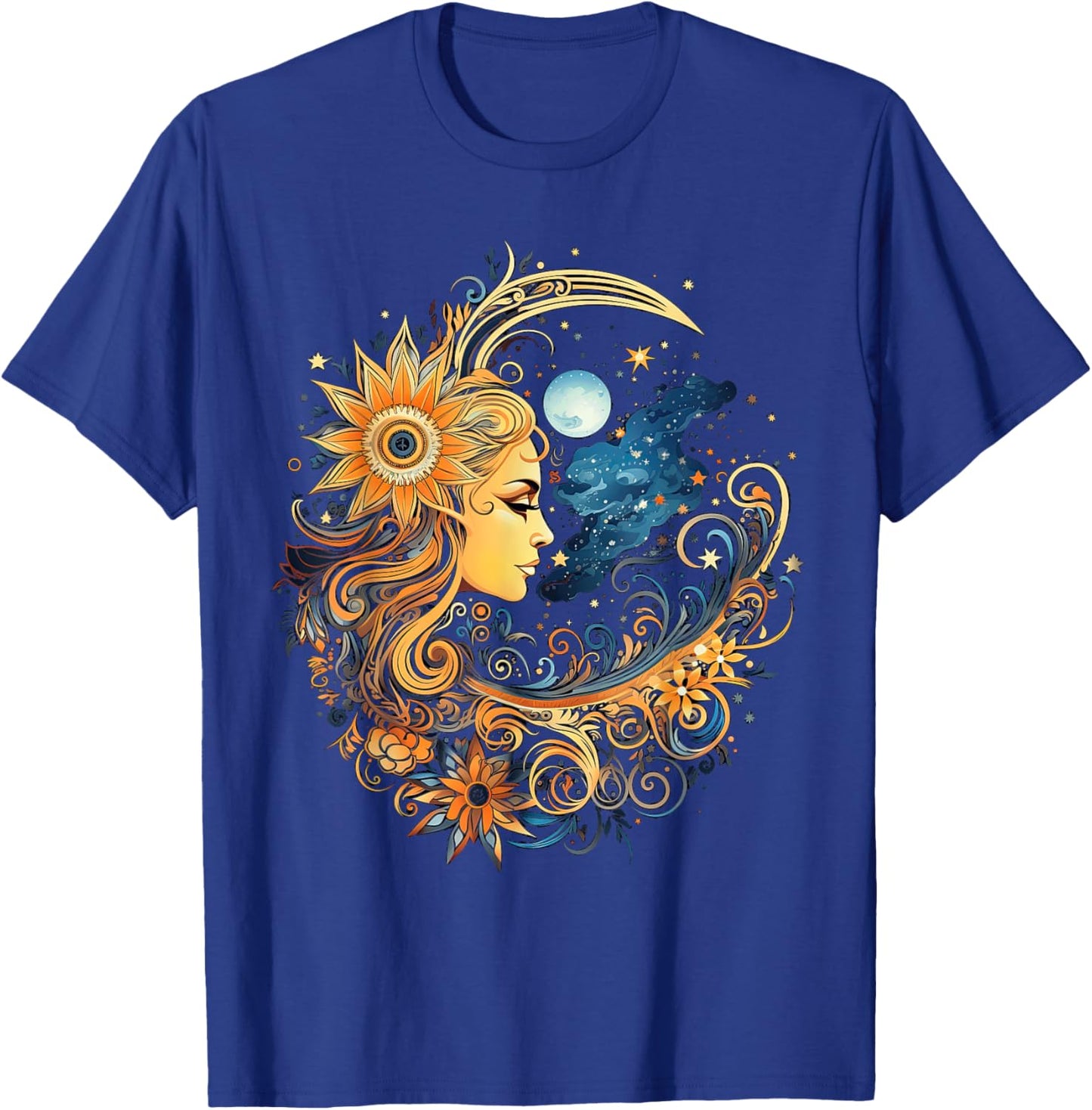 Mystic Sun and Moon Woman Mystical Flowers Aesthetic T-Shirt - T-Shirt | Royal