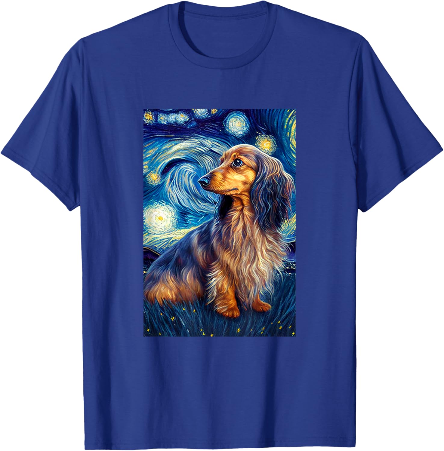 long hair Dachshund in Starry Night Painting Dog Mom Dad T-Shirt - T-Shirt | Royal