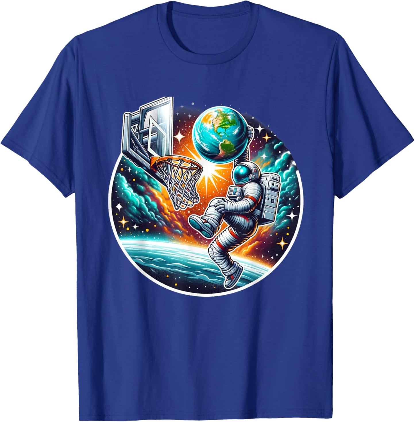 Astronaut Slam Dunking Planet Earth Basketball Lover T-Shirt - T-Shirt | Royal