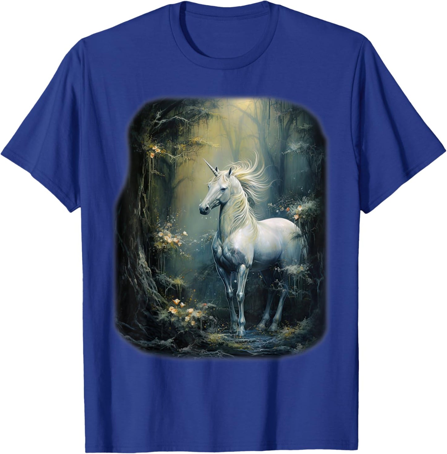 Fantasy white Unicorn standing in a Forest T-Shirt - T-Shirt | Royal