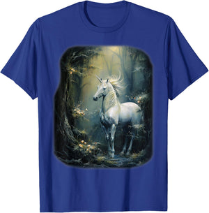 Fantasy white Unicorn standing in a Forest T-Shirt - T-Shirt | Royal
