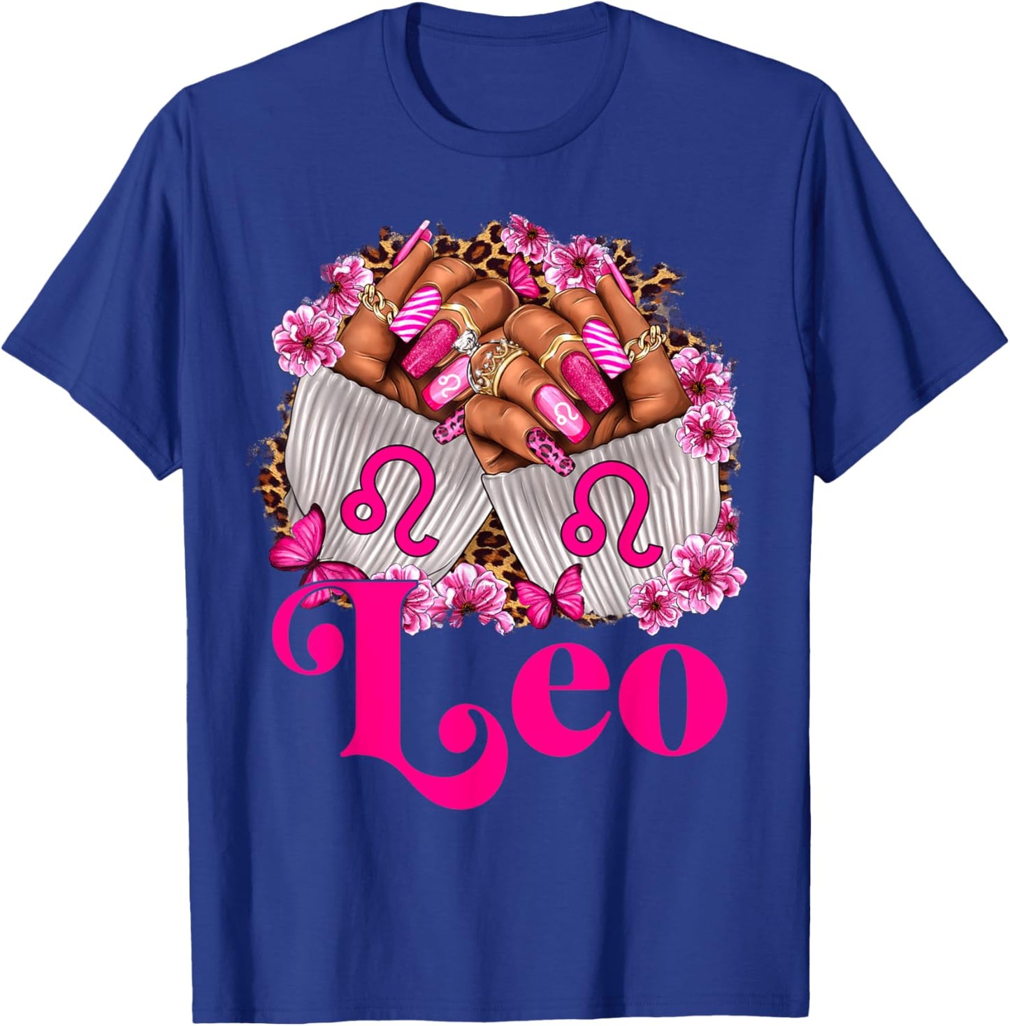 Black Women Floral Nails With Leopard Leo Queen T-Shirt - T-Shirt | Royal