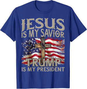 Jesus is My Savior Trump is My President 2024 American Flag T-Shirt - T-Shirt | Royal