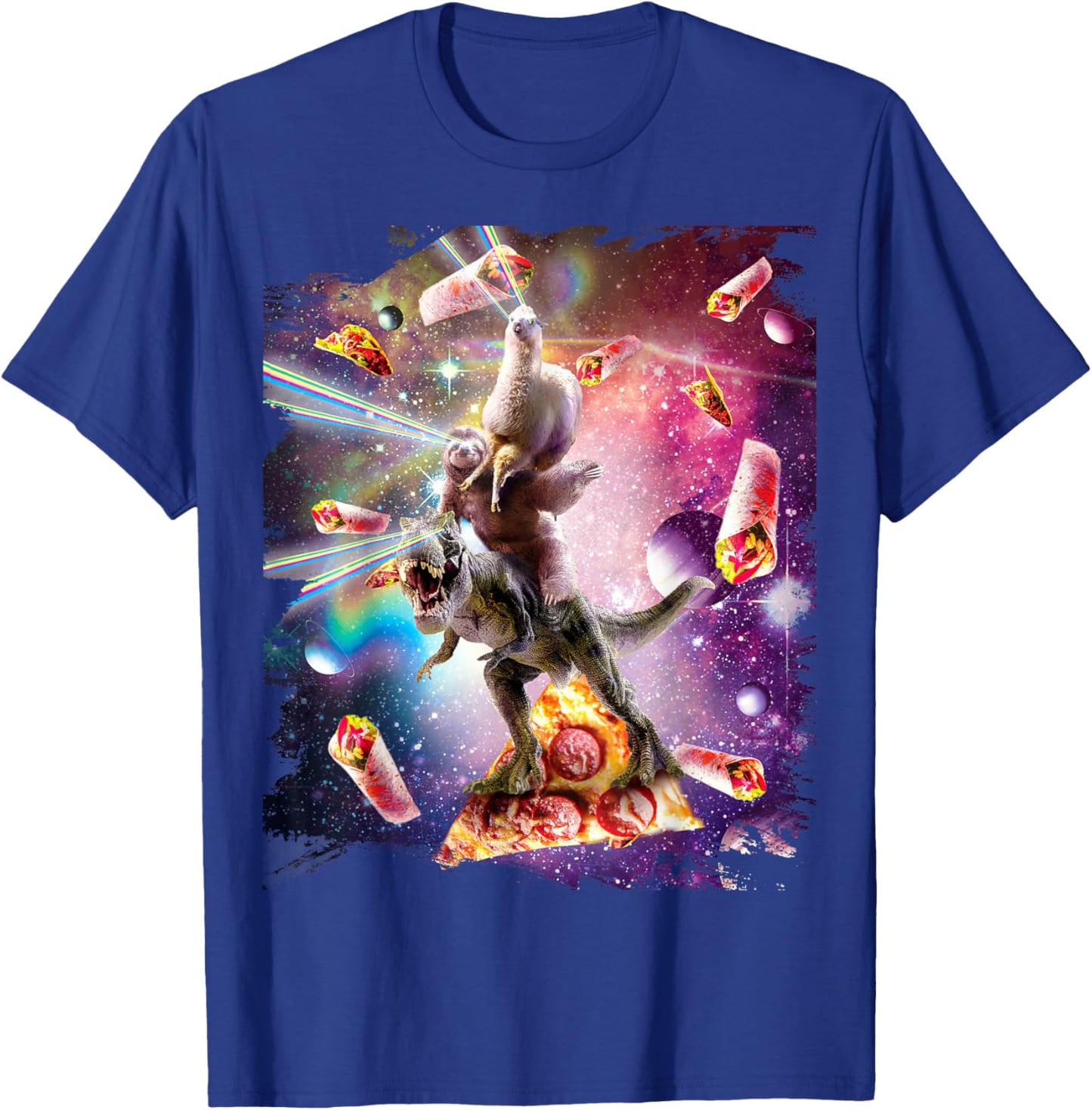 Laser Eyes Space Llama On Sloth Dinosaur - Rainbow T-Shirt - T-Shirt | Royal